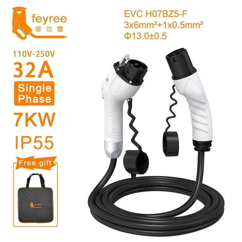 feyree EV Charging Cable 7KW 32A 1Phase Type1 Car Charging Socket to Type2 Power Supply Side 16A 3.5KW 5m Cable for Electric Car by 54 Energy - Renewable Energy Store