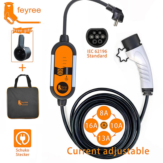 feyree EV Portable Charger Type2 5m Cable 3.5KW 16A IEC62196 Socket 1Phase Type1 j1772 Socket with Schuko Plug for Electric Car by 54 Energy - Renewable Energy Store
