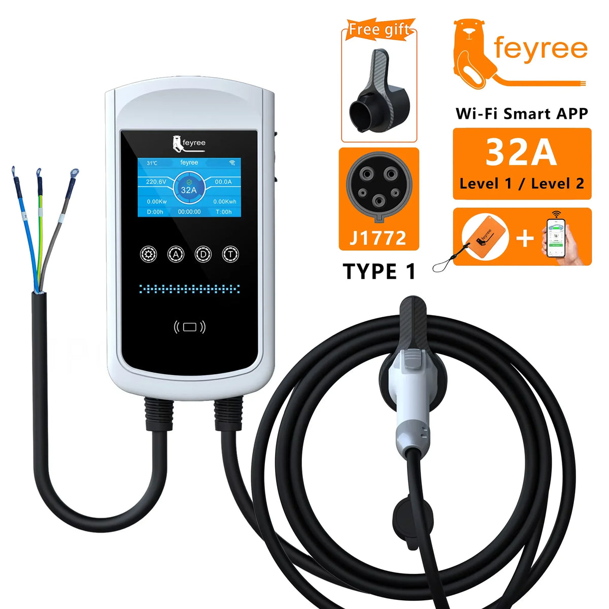 feyree EVSE Wallbox 32A 40A 50A 1Phase EV Charger Type1 Smart APP Control Wall-mounted Charging Station for Electric Vehicle Car by 54 Energy - Renewable Energy Store