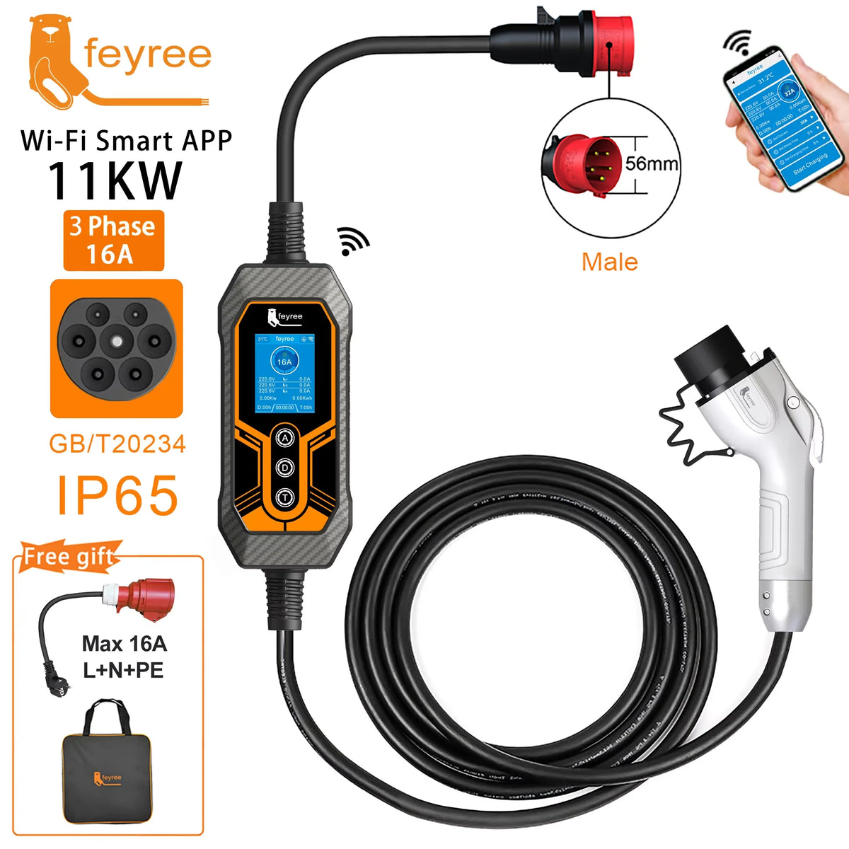 feyree GB/T 11KW 16A 3Phase Portable EV Charger Smart APP WIFI Version 5m Cable Gift Bag for Electric Vehicle Charging Station by 54 Energy - Renewable Energy Store