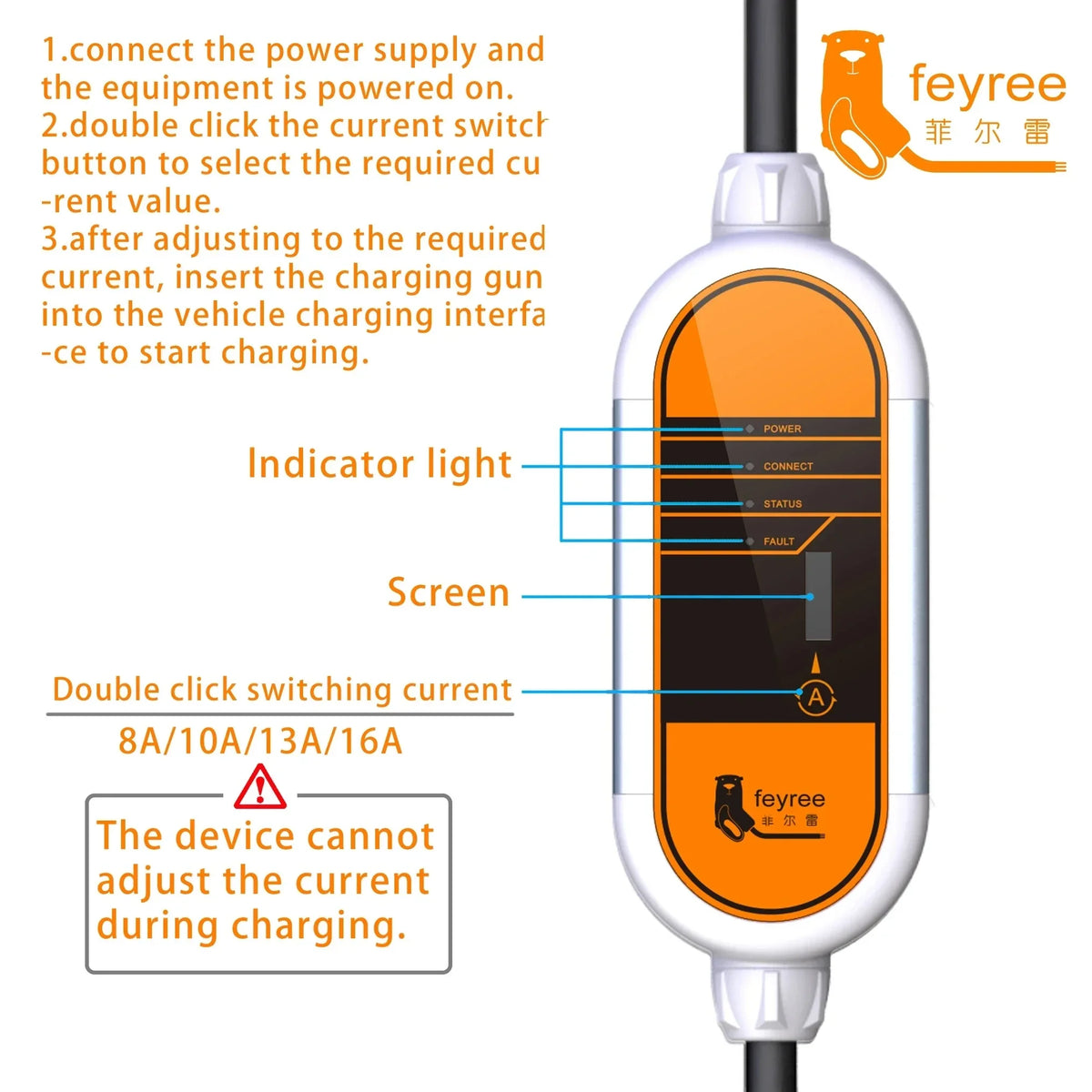 feyree GB/T Cord EV Charger 16A 3.5KW 1Phase Portable Charger Box Current Adjustable 5M Charging Cable for Electric Vehicle by 54 Energy - Renewable Energy Store