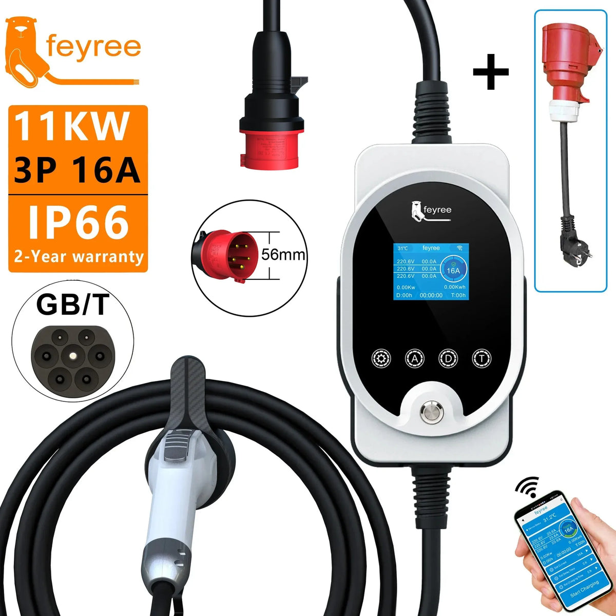 feyree GB/T EV Charger 11KW 16A 3Phase EVSE Wallbox APP WIFI Control EV Charging Station 5m Cable CEE Plug for Electric Vehicle by 54 Energy - Renewable Energy Store