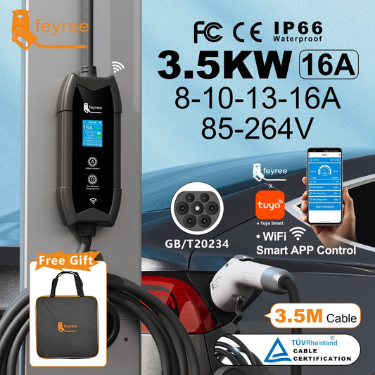 feyree GB/T Portable EV Charger 3.5m Cable with WIFI APP Control 16A 3.5kW Set Charging&DelayTime for EV Cars,Plug customizable by 54 Energy - Renewable Energy Store