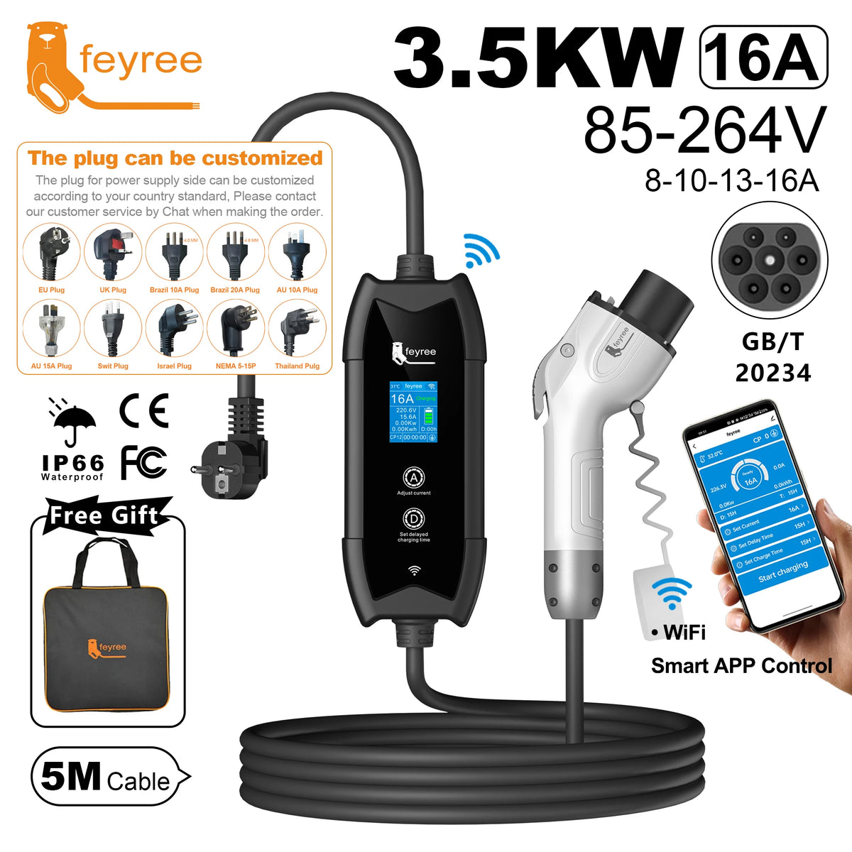 feyree GB/T Portable EV Charger 5m Cable with WIFI APP Control 16A 3.5KW Set Charging&DelayTime for EV Cars,Plug customizable by 54 Energy - Renewable Energy Store
