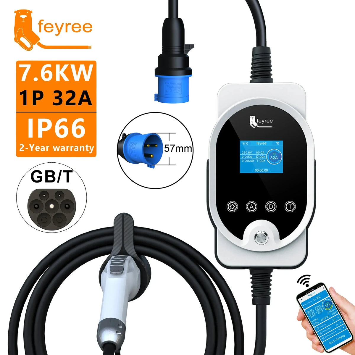 feyree GB/T Socket EV Charger 7KW 32A Adjustable APP Bluetooth Version Set Charging Time EVSE Charging Box for Electric Vehicle by 54 Energy - Renewable Energy Store