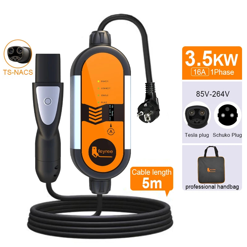 feyree Portable EV Charger 3.5KW 16A TS-NACS Charger Plug Charging Box Adjustable Current Fast Charging Compatible for Tesla Car by 54 Energy - Renewable Energy Store