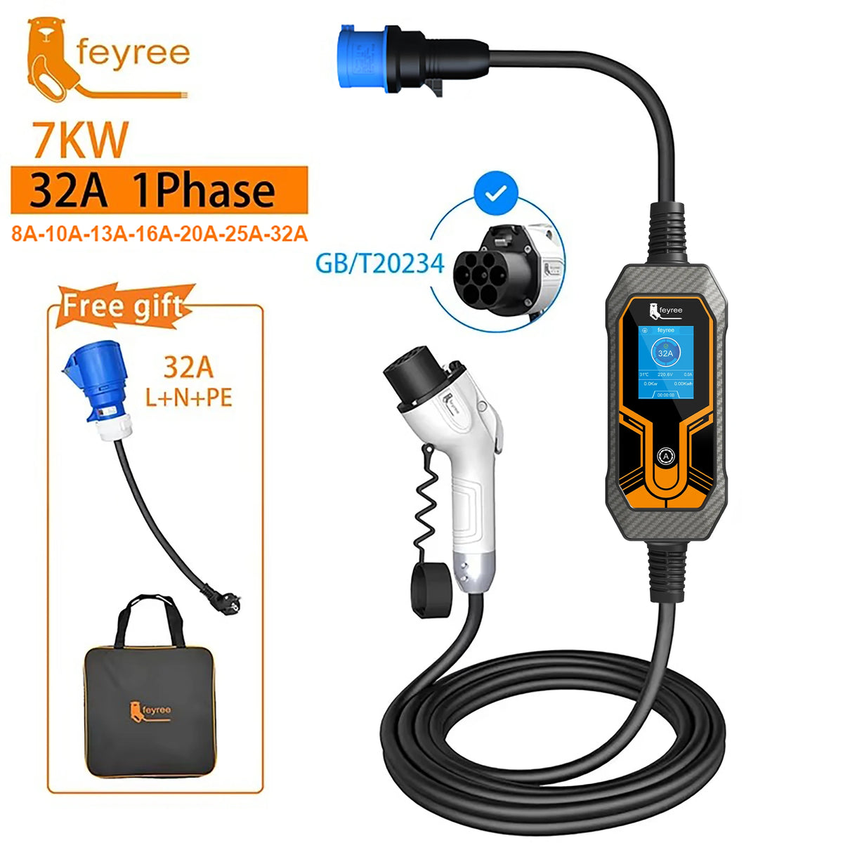 feyree Portable EV Charger GB/T Cord 7KW 32A 1Phase 5m Cable EVSE Wallbox Charging Box Charging Station for Electric Vehicle Car by 54 Energy - Renewable Energy Store