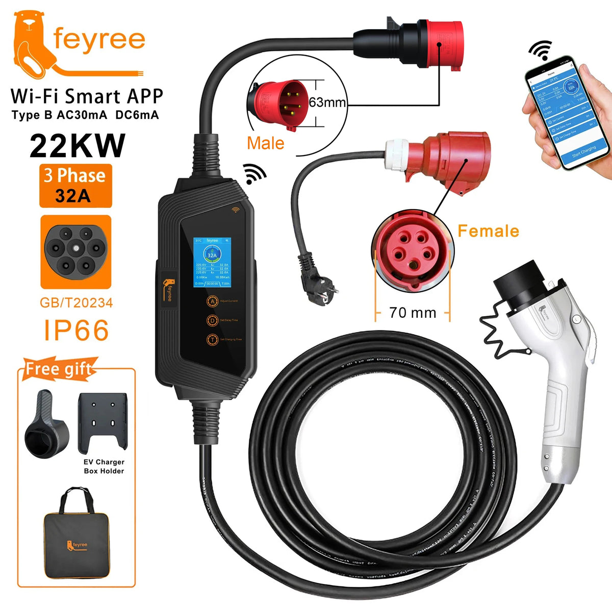 feyree Portable EV Charger GBT Plug 22KW 32A 3Phase EVSE Fast Charging Wi-Fi Smart APP Control for Electric Vehicle Car Charger by 54 Energy - Renewable Energy Store