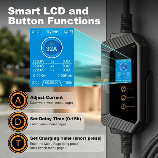 feyree Portable EV Charger GBT Plug Fast 22KW 32A 3Phase Adjusting Current Wi-Fi Smart APP Control Electric Car Charging Station by 54 Energy - Renewable Energy Store