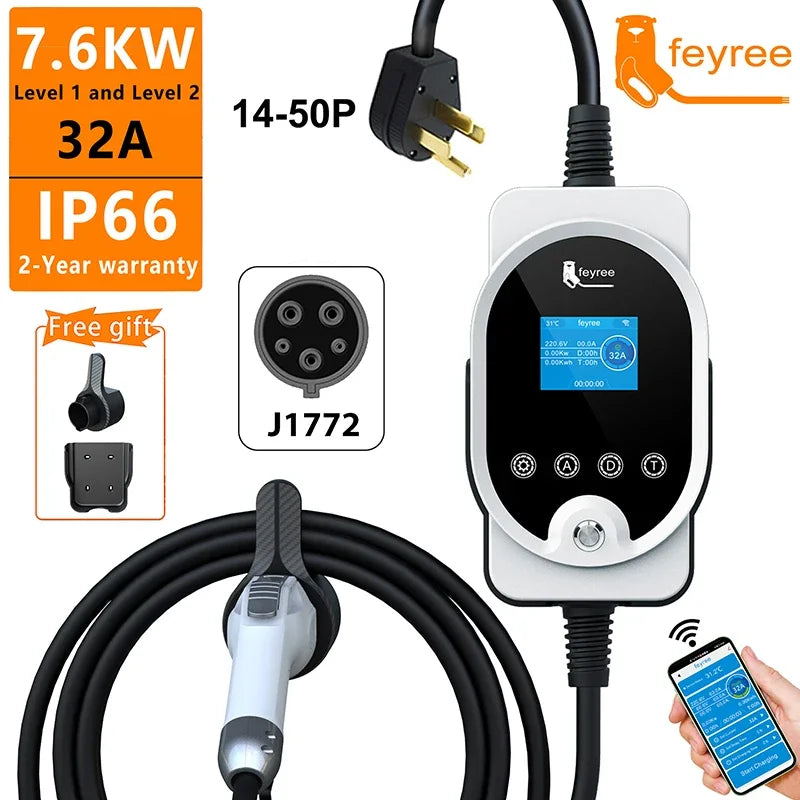 feyree Portable EV Charger Type1 Plug 32A 40A 50A EV Fast Charging Cable 5m Electric Car Charging Station wallbox Adjust Current by 54 Energy - Renewable Energy Store