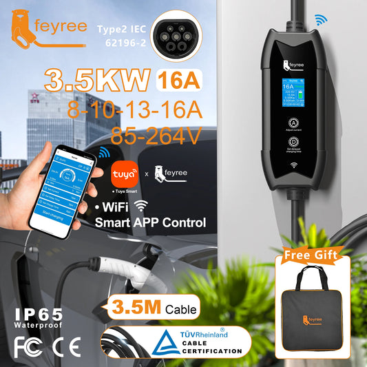 feyree Portable EV Charger Type2 IEC62196-2 EVSE Fast Charging 3.5M Cable EVSE Wallbox WiFi APP Bluetooth Wireless Control by 54 Energy - Renewable Energy Store