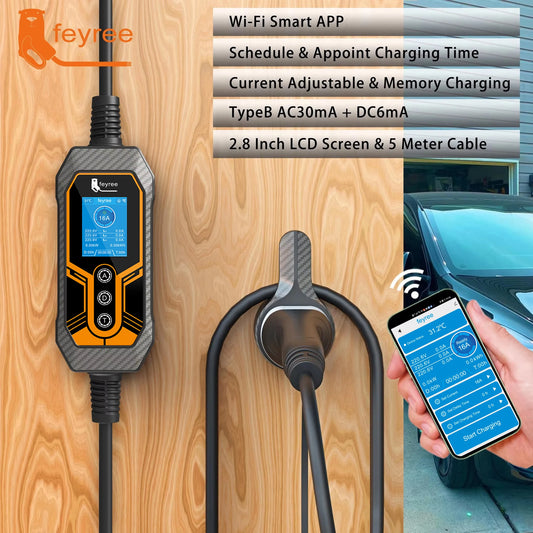 feyree Type2 11kW 16A 3 Phase Portable EV Charger Wi-Fi APP Bluetooth Version EVSE Charging Cable 5m CEE Plug for Electric Car by 54 Energy - Renewable Energy Store