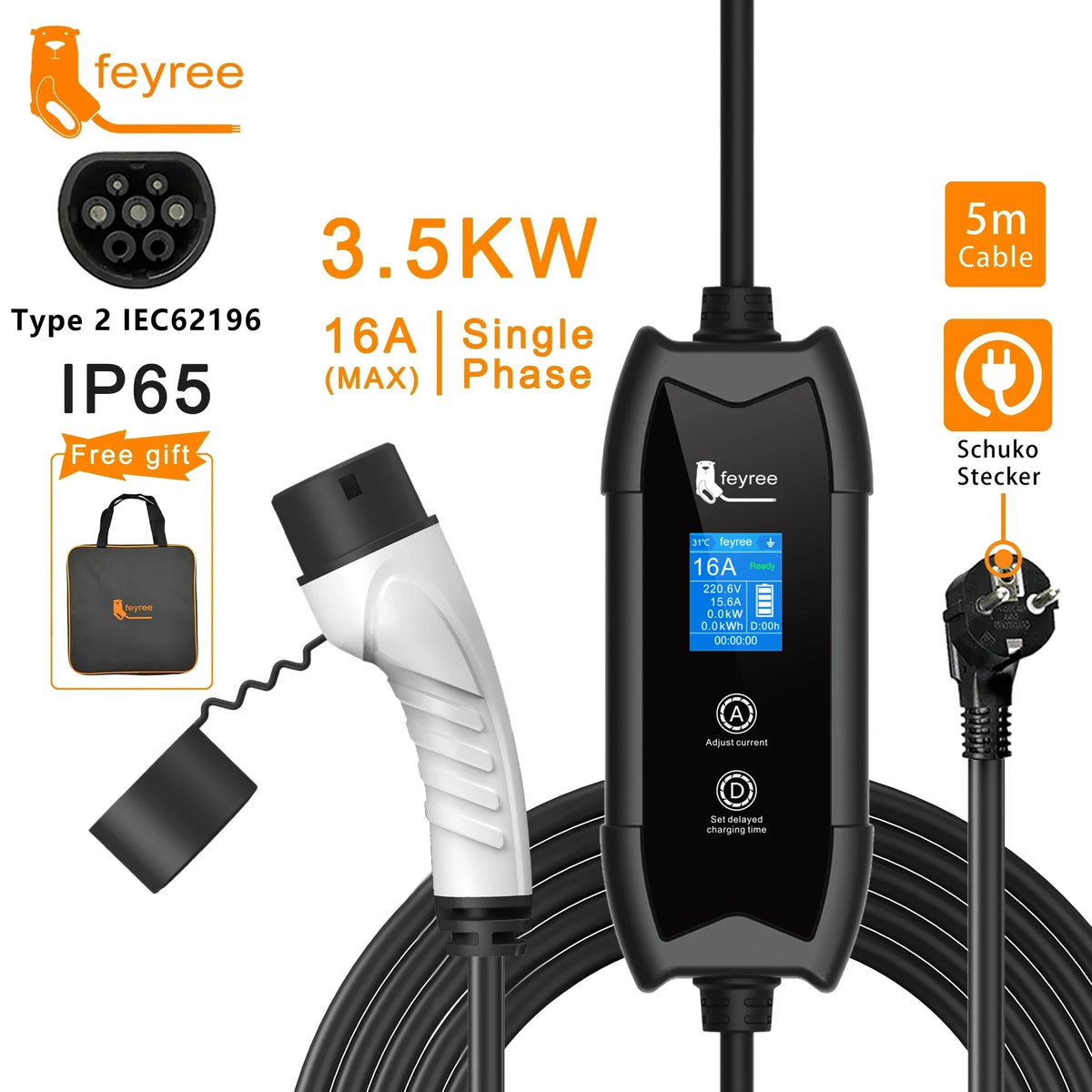feyree Type2 3.5KW 16A Adjust Current EV Charger Portable Charging Box Set Current&Delay Time with Schuko Plug for Electric Ca by 54 Energy - Renewable Energy Store