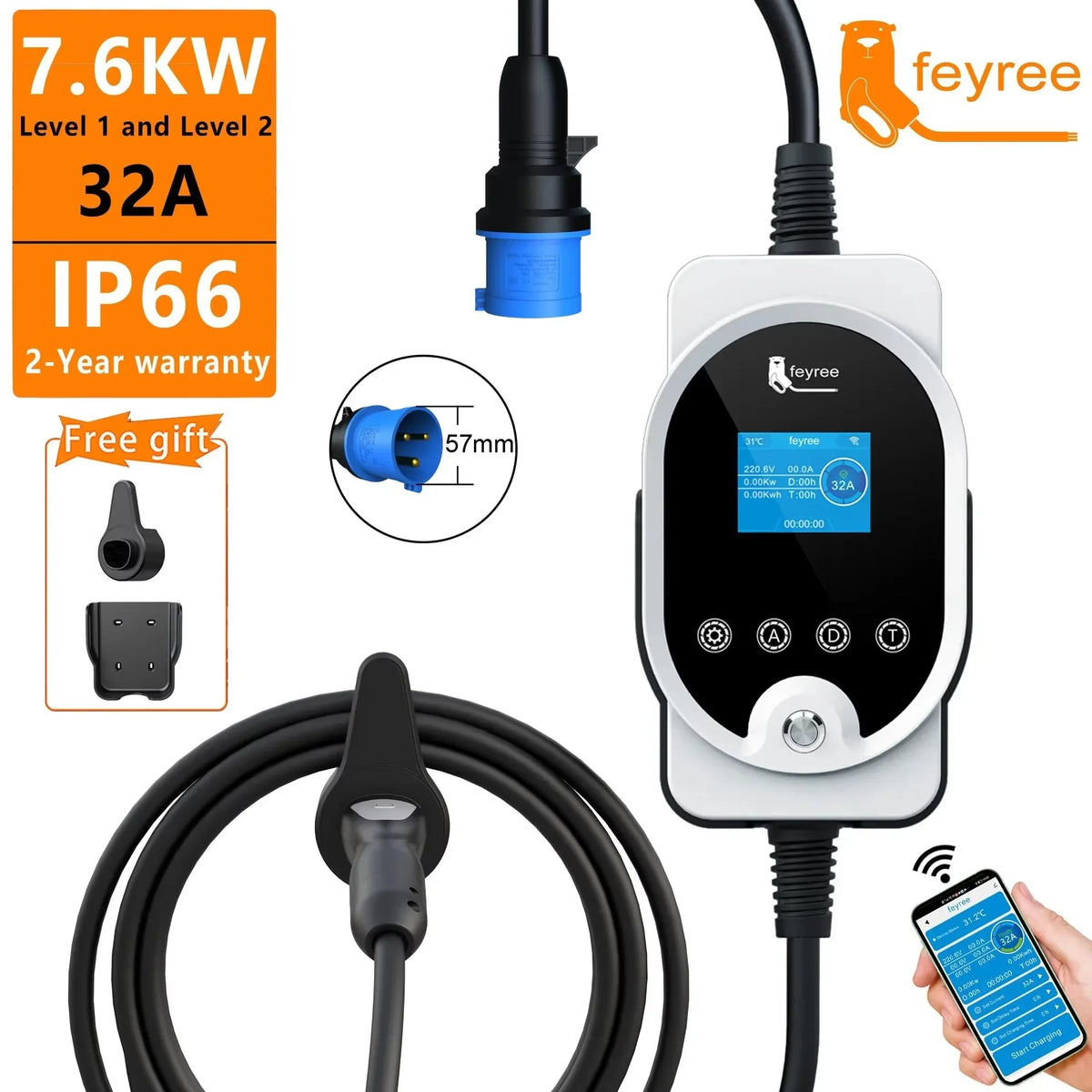 feyree Type2 7KW 32A 1P APP Wi-Fi Control Setting Current & Charging Time Type1 / GBT / TS-NACS Plug by 54 Energy - Renewable Energy Store