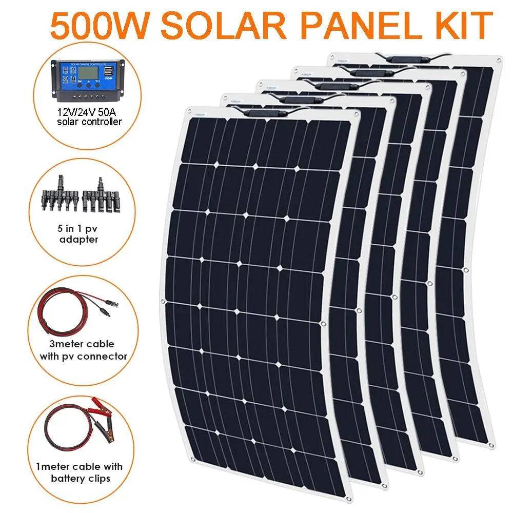 Solar Panel High Efficiency 100w 500w Charger Portable 12v 24v Battery Controller System Flexible Set Camping Power Bank - 54 Energy - Renewable Energy Store