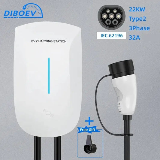 DIBO EV Charger Type2 Plug EVSE Wallbox 32A 22KW IEC62196-2 Socket 3Phase 5m Cable Wallmount Charging Station for Electric Car - 54 Energy - Renewable Energy Store