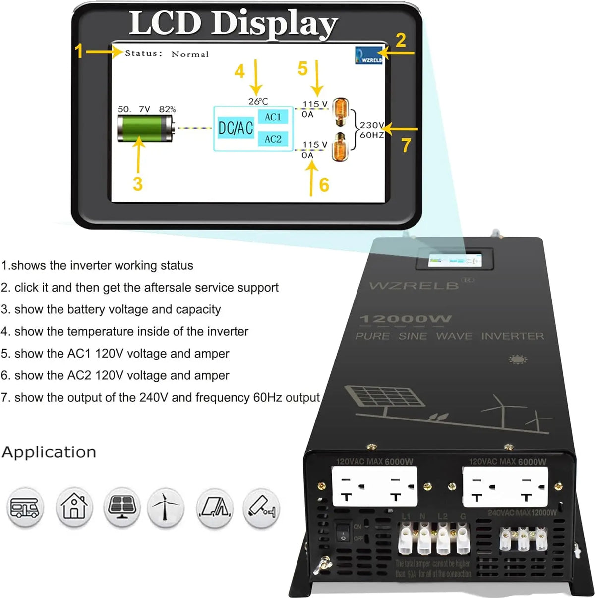 12000W Split-phase Pure Sine Wave Solar Inverter Power Supply Battery Bank 24V/36V/48V/96V DC to 110/220V,120/240V AC Converter by 54 Energy - Renewable Energy Store