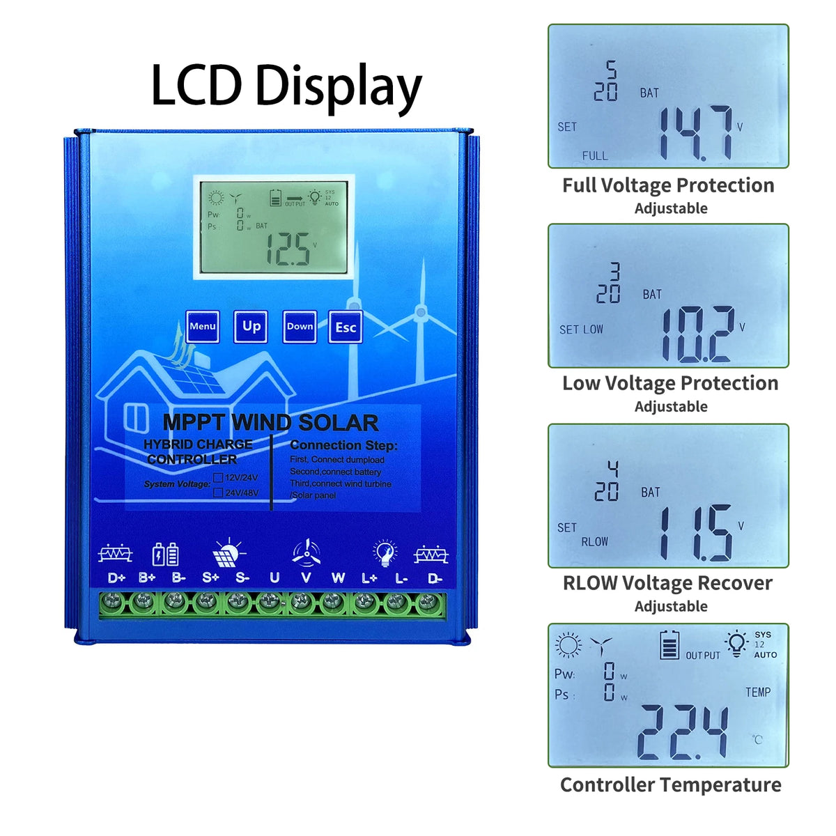 12V 24V 48V 2000W MPPT Hybrid Wind Solar Charge Controller With LCD Display And Bluetooth For Lifepo4 Batteries by 54 Energy - Renewable Energy Store
