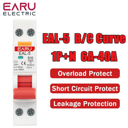 Disjoncteur différentiel bipolaire 1P+N 18MM CA 230V Type A 6A-40A Courbe B C RCBO avec protection contre les surintensités, les courts-circuits et les fuites de courant 30mA
