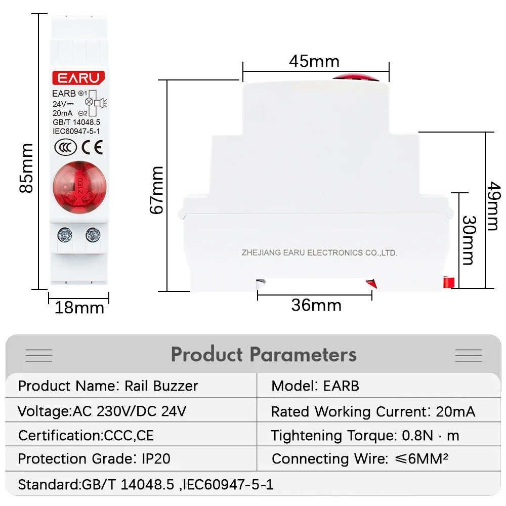 Lámpara de señal LED de montaje en carril DIN de 18 mm Serie de zumbadores audibles y visuales CA 230 V CC 24 V Luces piloto indicadoras rojas