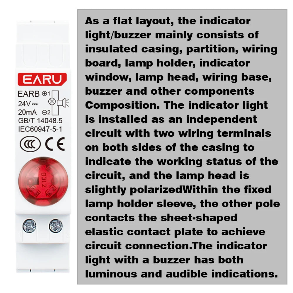 Lámpara de señal LED de montaje en carril DIN de 18 mm Serie de zumbadores audibles y visuales CA 230 V CC 24 V Luces piloto indicadoras rojas