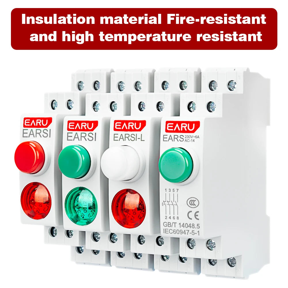 Serie de interruptores de botón de lámpara de señal LED de montaje en carril DIN de 18 mm, luces piloto de indicación AC/DC 220V, verdes momentáneas con enclavamiento