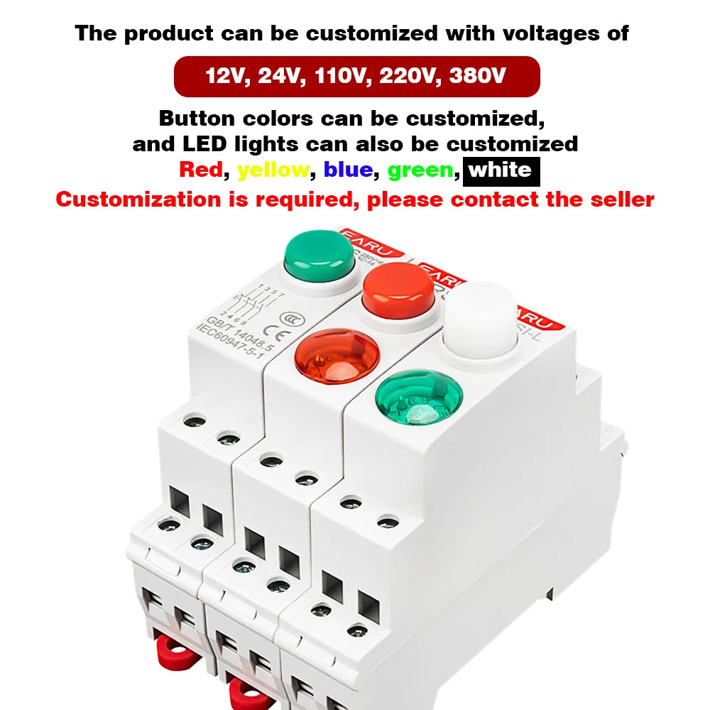 Serie de interruptores de botón de lámpara de señal LED de montaje en carril DIN de 18 mm, luces piloto de indicación AC/DC 220V, verdes momentáneas con enclavamiento