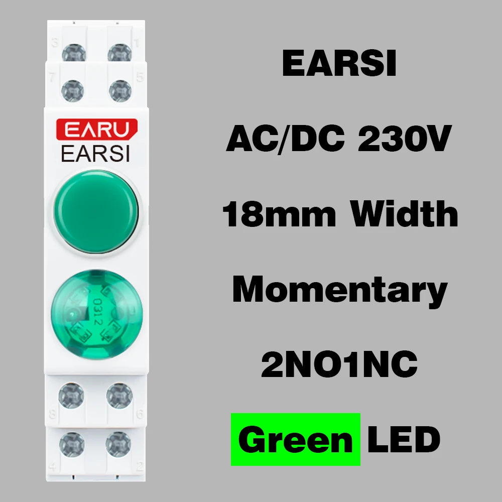 Serie de interruptores de botón de lámpara de señal LED de montaje en carril DIN de 18 mm, luces piloto de indicación AC/DC 220V, verdes momentáneas con enclavamiento
