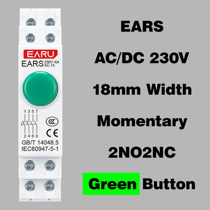 Serie de interruptores de botón de lámpara de señal LED de montaje en carril DIN de 18 mm, luces piloto de indicación AC/DC 220V, verdes momentáneas con enclavamiento