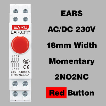 Serie de interruptores de botón de lámpara de señal LED de montaje en carril DIN de 18 mm, luces piloto de indicación AC/DC 220V, verdes momentáneas con enclavamiento