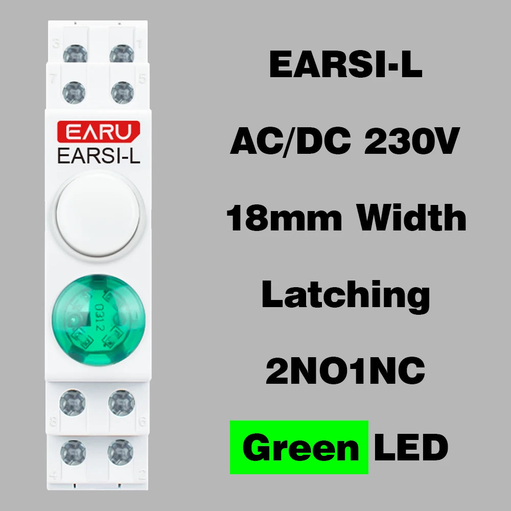 Serie de interruptores de botón de lámpara de señal LED de montaje en carril DIN de 18 mm, luces piloto de indicación AC/DC 220V, verdes momentáneas con enclavamiento