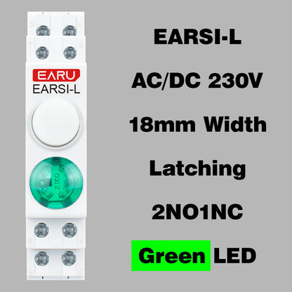 Serie de interruptores de botón de lámpara de señal LED de montaje en carril DIN de 18 mm, luces piloto de indicación AC/DC 220V, verdes momentáneas con enclavamiento