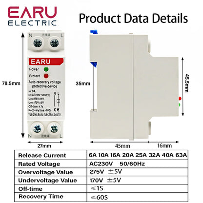 1P+N 27mm 40A 63A 230V Din Rail Automatic Recovery Reconnect Over Voltage and Under Voltage Protective Device Protection Relay by 54 Energy - Renewable Energy Store