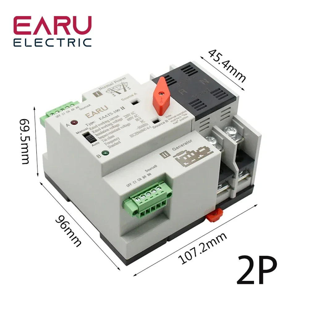 2/3/4P 100A 110V/220V Mini ATS Automatic Transfer Switch Electrical Selector Switches Dual Power Switch PV Solar Energy Din Rail by 54 Energy - Renewable Energy Store