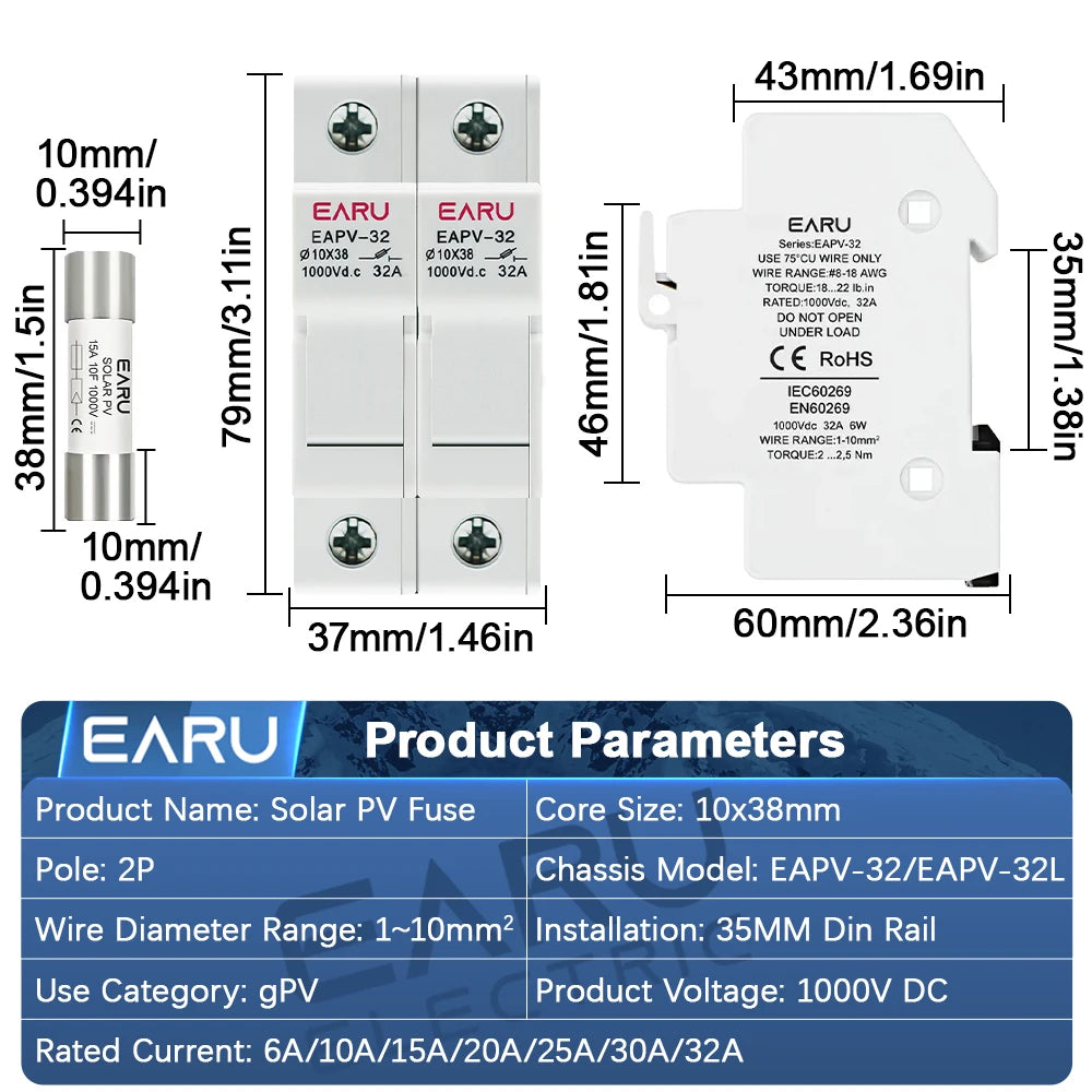 2-Pole DC Fuse Holder PV 1000V for 10x38mm gPV Fuses 6A 10A 15A 20A 25A 30A 32A DIN Rail Solar String Protection EAPV-32