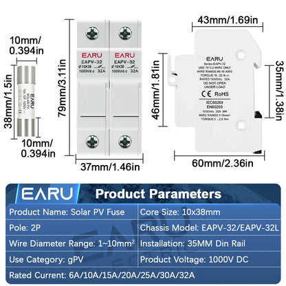2-Pole DC Fuse Holder PV 1000V for 10x38mm gPV Fuses 6A 10A 15A 20A 25A 30A 32A DIN Rail Solar String Protection EAPV-32