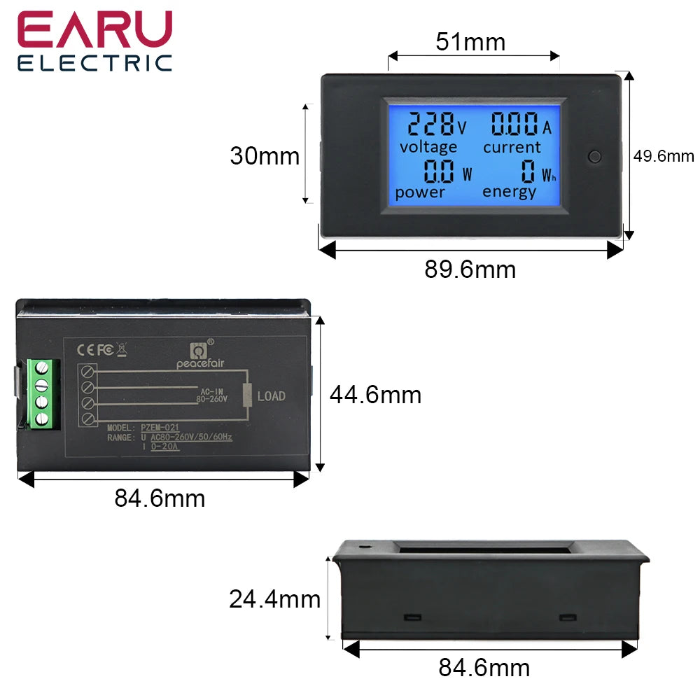 20A 100A AC 80-260V DC 6.5-100V Digital LED Display Voltmeter Ammeter Wattmeter Power Energy Meter 12V 24V 110V 220V Volt Tester by 54 Energy - Renewable Energy Store
