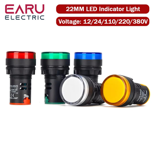 22MM Panel LED Indicador de Encendido Electrónico Luz Piloto Lámpara CA CC 12V 24V 110V 220V 380V Rojo Verde Amarillo Azul Blanco LED