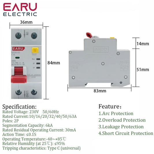 2P 220V AFDD 63 AFCI Arc Fault Protector Device RCBD Circuit Breaker Interrupted Overload Earth Leakage Short Circuit Protection by 54 Energy - Renewable Energy Store