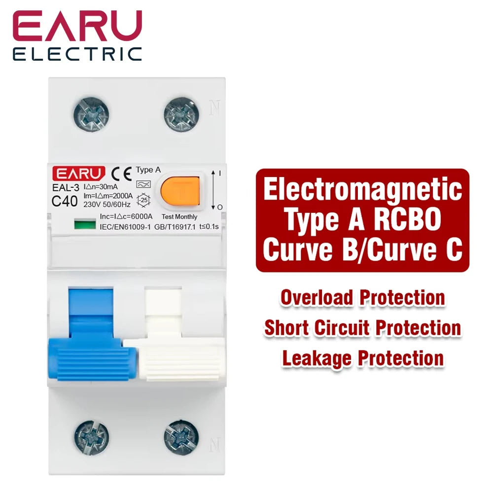 Disjoncteur différentiel magnéto-thermique 2P 40A 30mA AC 230V 50/60Hz Type A Courbe B/C Protection contre les fuites à la terre