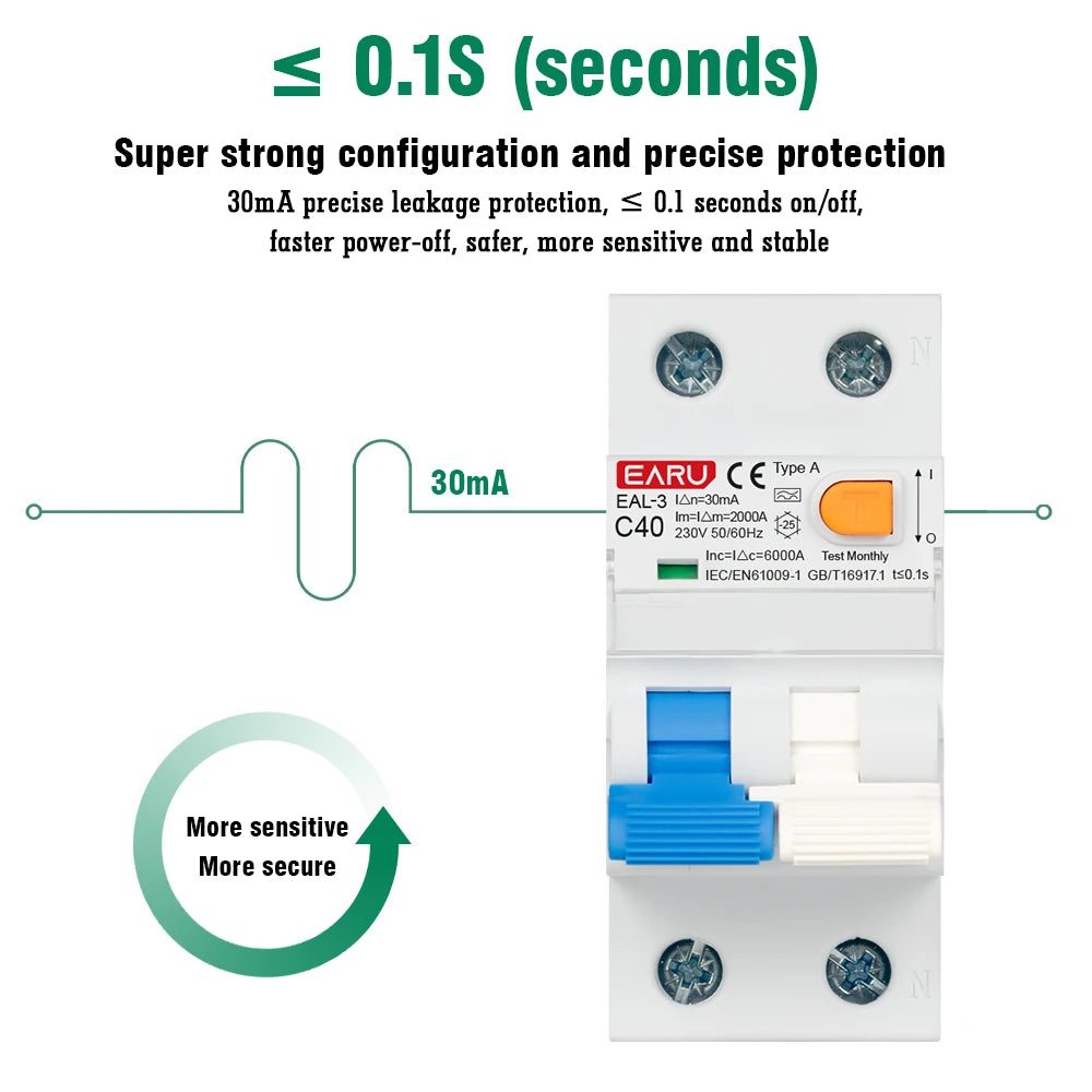 Disjoncteur différentiel magnéto-thermique 2P 40A 30mA AC 230V 50/60Hz Type A Courbe B/C Protection contre les fuites à la terre