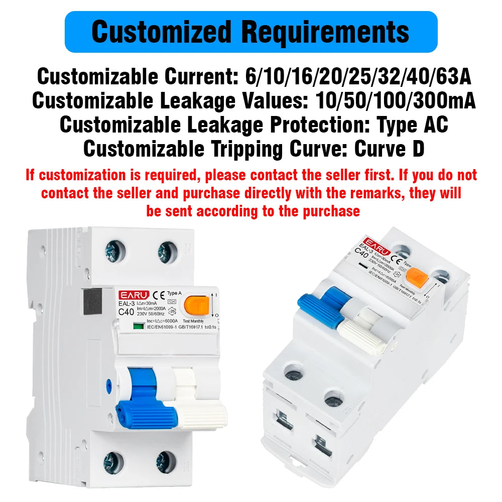 Disjoncteur différentiel magnéto-thermique 2P 40A 30mA AC 230V 50/60Hz Type A Courbe B/C Protection contre les fuites à la terre