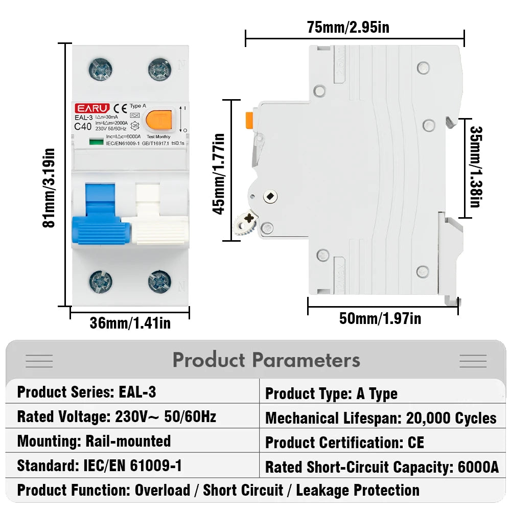 Disjoncteur différentiel magnéto-thermique 2P 40A 30mA AC 230V 50/60Hz Type A Courbe B/C Protection contre les fuites à la terre