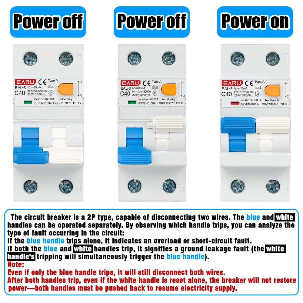 Disjoncteur différentiel magnéto-thermique 2P 40A 30mA AC 230V 50/60Hz Type A Courbe B/C Protection contre les fuites à la terre