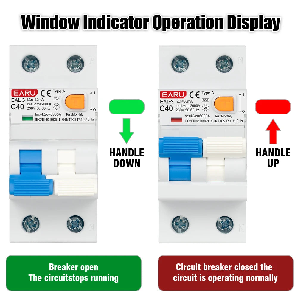 Disjoncteur différentiel magnéto-thermique 2P 40A 30mA AC 230V 50/60Hz Type A Courbe B/C Protection contre les fuites à la terre