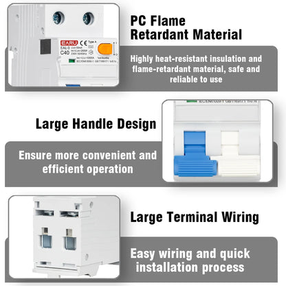 Disjoncteur différentiel magnéto-thermique 2P 40A 30mA AC 230V 50/60Hz Type A Courbe B/C Protection contre les fuites à la terre