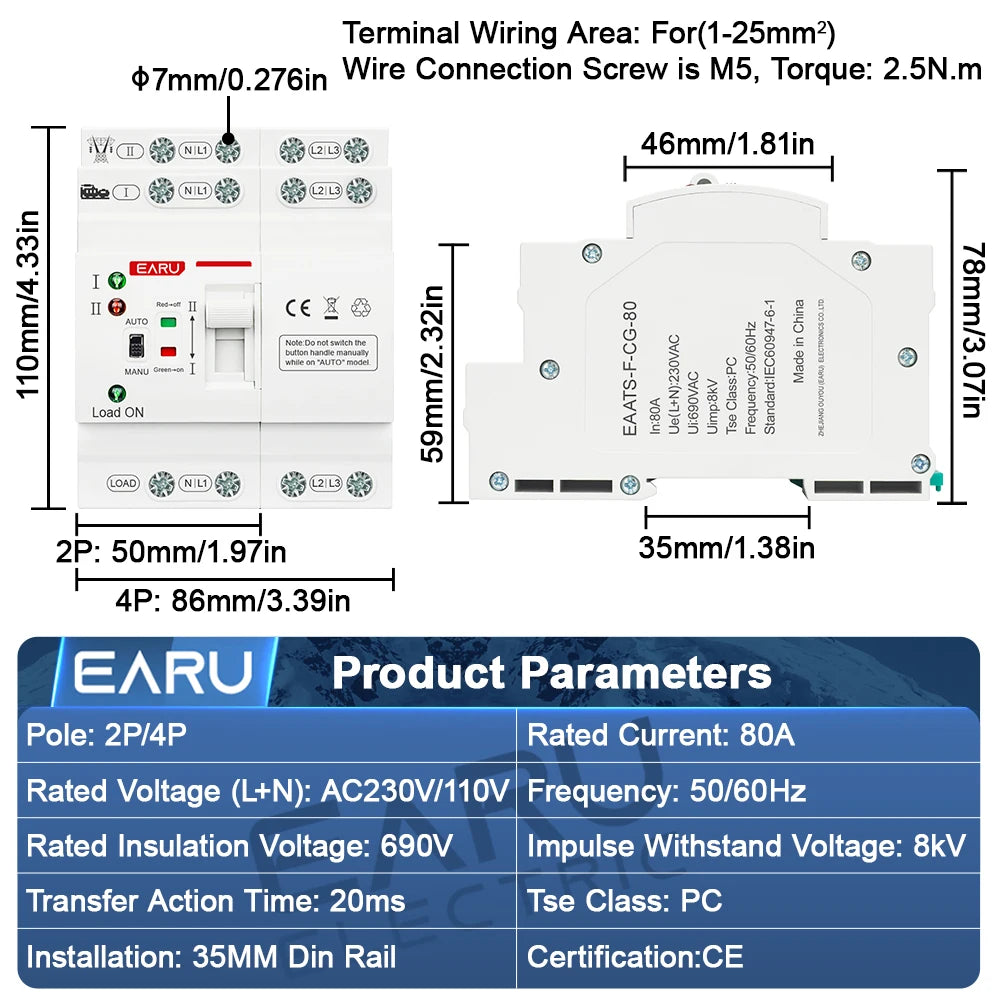 2P 4P 80A AC 230V 110V Mini commutateur de transfert automatique ATS Double puissance Sélecteurs électriques Alimentation ininterrompue Rail Din