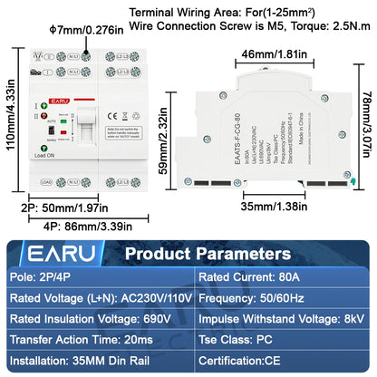 2P 4P 80A CA 230V 110V Conmutador de transferencia automático Mini ATS Selectores eléctricos de doble potencia PV solar Alimentación ininterrumpida