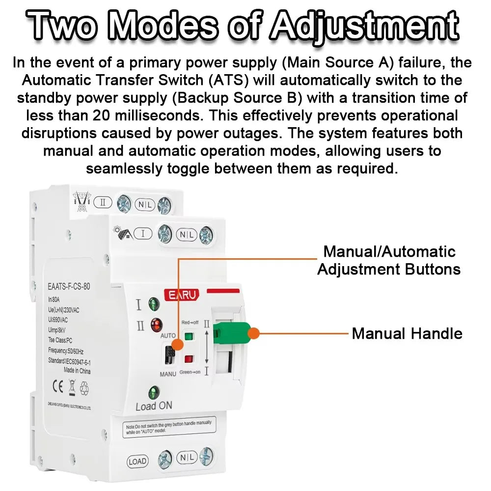 2P 4P 80A AC 230V 110V Mini ATS PV Solaire Double Alimentation Commutateur de Transfert Automatique Sélecteur Électrique Alimentation Ininterrompue