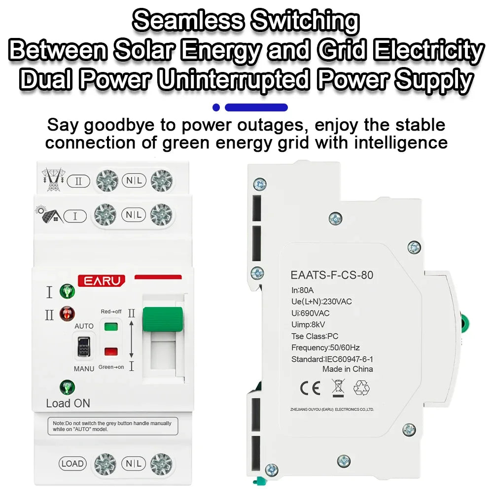 2P 4P 80A AC 230V 110V Mini ATS PV Solaire Double Alimentation Commutateur de Transfert Automatique Sélecteur Électrique Alimentation Ininterrompue